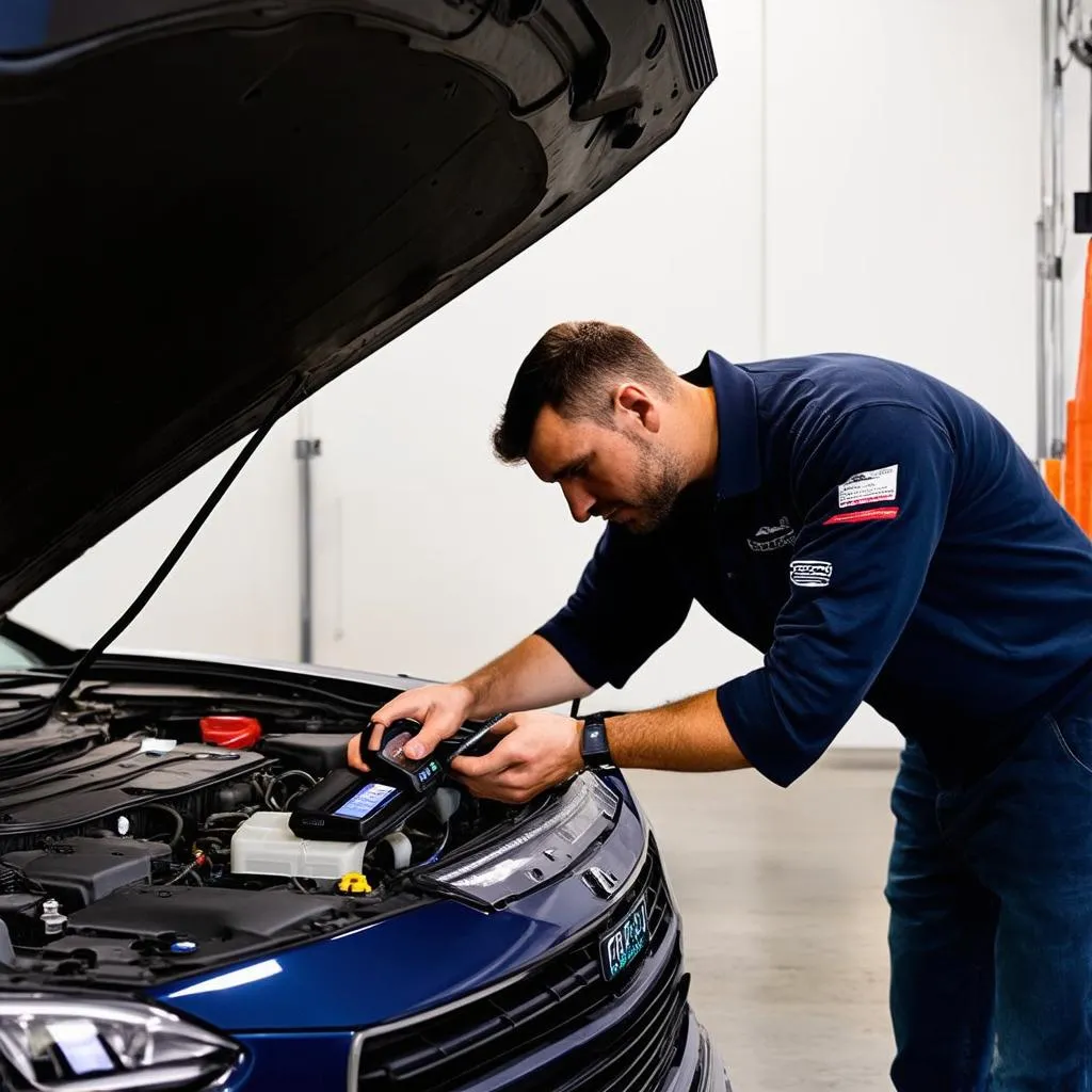 Mechanic using a dealer scanner to diagnose a car problem